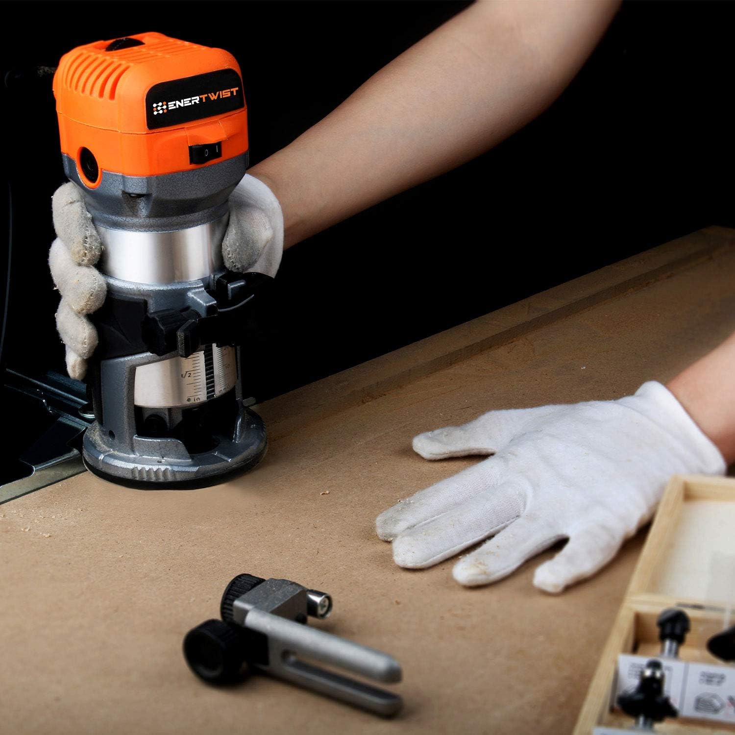 ENERTWIST Compact Router Tool, 7.0-Amp 1.25HP Soft Start Variable Speed Wood Router Kit w/Fixed Base, 1/4" & 3/8" Collets, Edge Guide, Roller Guide, Dust Hood, Replacement Brush Set, ET-RT-710S Pack of 2