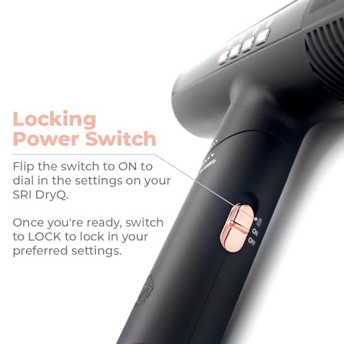 DryQ Smart Hair Dryer from SRI | Infrared and Ionic Technology - Lightweight + Foldable - Powerful + Quiet - 3 Magnetic Attachments - Heat Control with Locking Switch