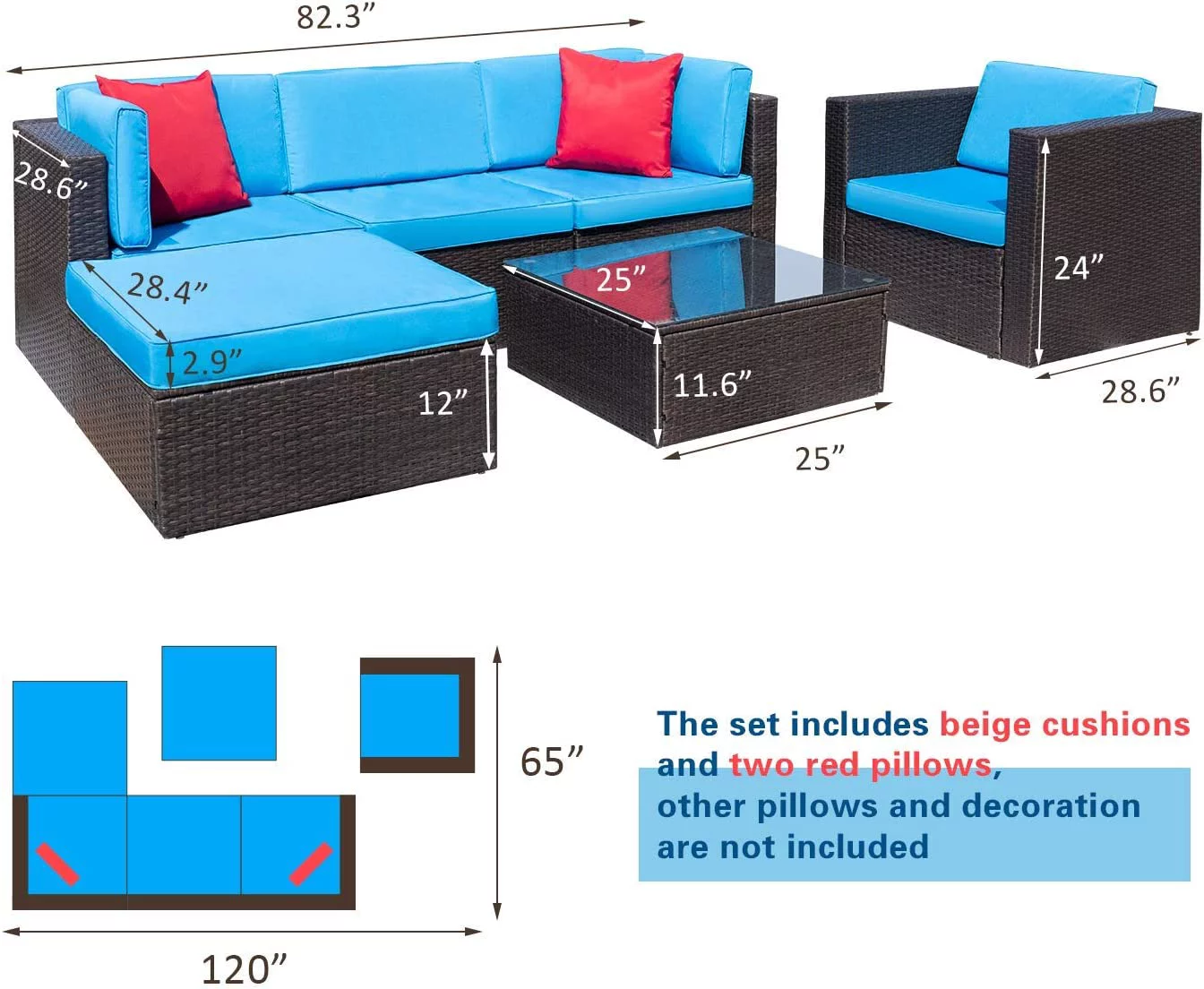 Popular 6 Pieces Patio Furniture Set Outdoor Sectional Sofa Outdoor Furniture Set Patio Sofa Set Conversation Set with Cushion and Table (Beige)