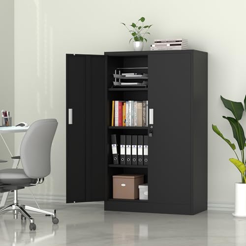 Metal Storage Cabinet with Locking Doors and Adjustable Shelves, 53.5-Inch Tall Lockable Storage Cabinets for Home Office Garage Kitchen Pantry (Black)
