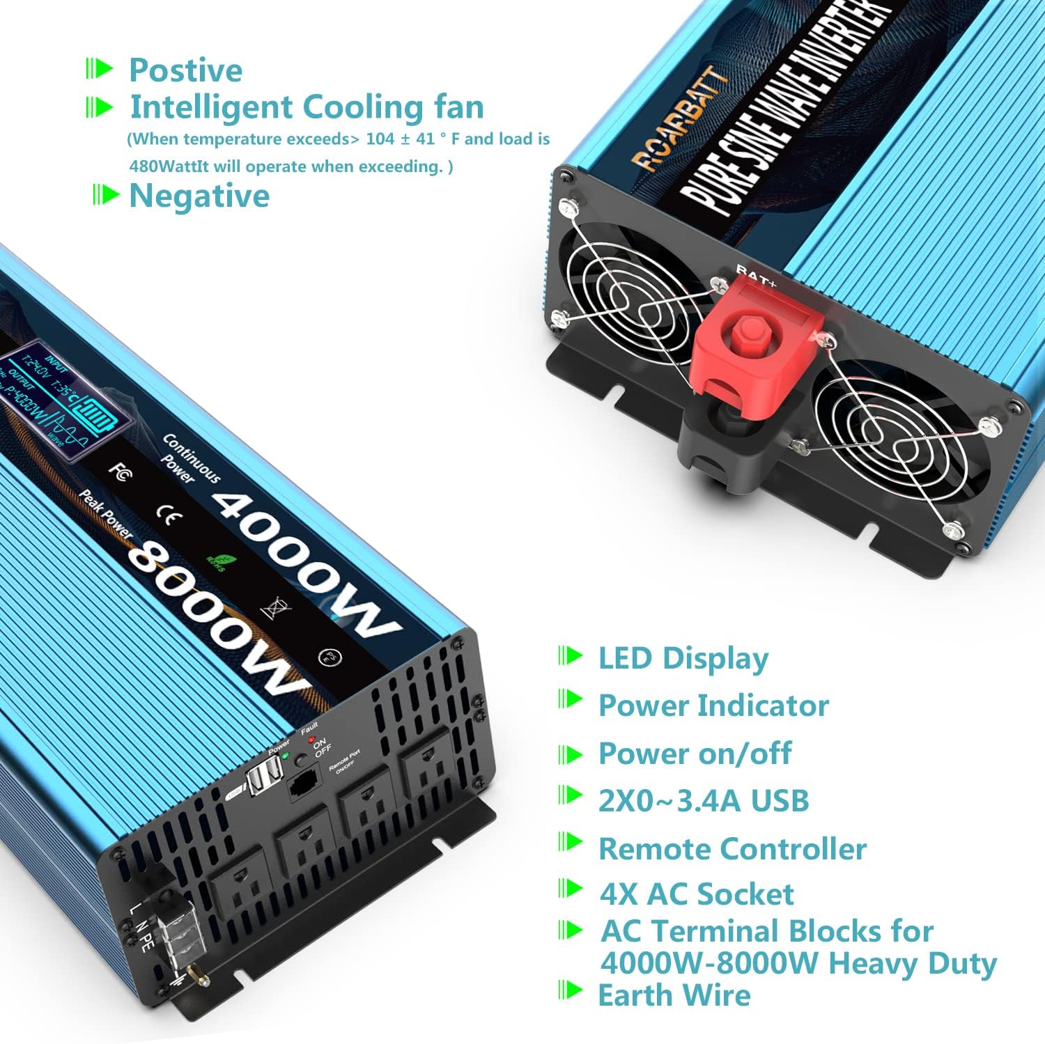 Pure Sine Wave Power Inverters 4000Watt 12V DC to AC 110V 120V Peak Power 8000Watt with Remote Control 4 AC Outlets and Dual USB Port for CPAP RV Car Solar System Emergency