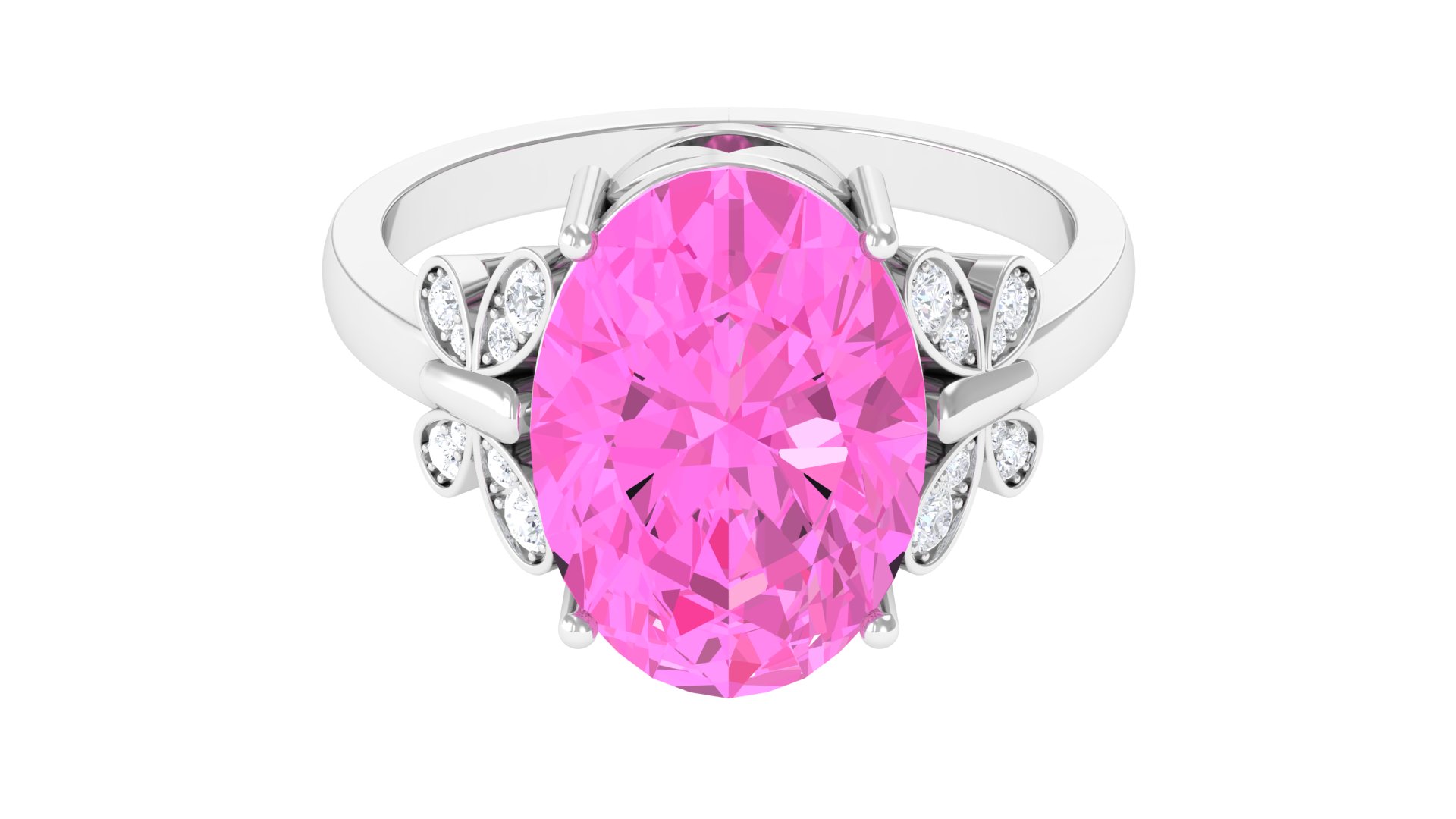 Oval Created Pink Sapphire Solitaire Ring with Diamond for Women - 10X14 mm, 925 Sterling Silver, US 4.00