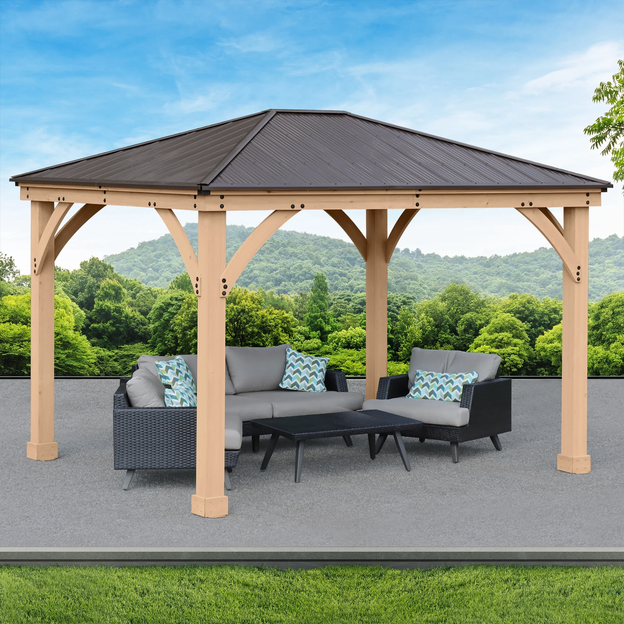 Yardistry 10 ft. × 12 ft. Meridian Cedar Gazebo with Aluminum Roof