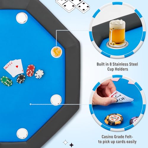 ECOTOUGE Game Poker Table w/Stainless Steel Cup Holder Casino Leisure Top Texas Hold'em Table for 8 Player with Leg, Green Felt