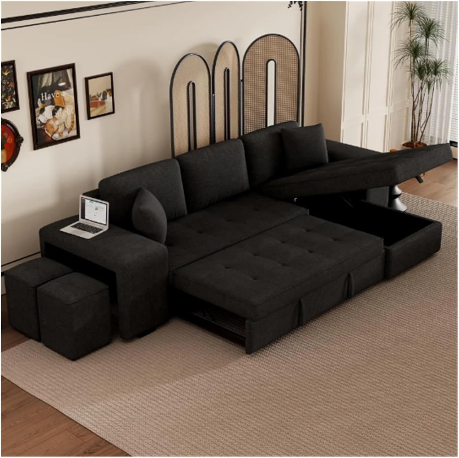 TONDI 104"" Modern L-Shape 3 Seat Reversible Sectional Couch, Pull Out Sleeper Sofa with Storage Chaise Charcoal Grey,Sofa Couch, qz-7461