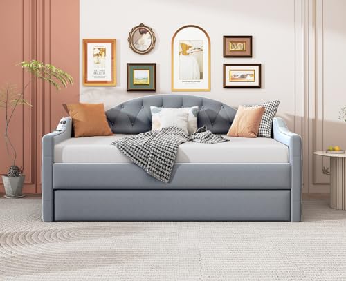 Twin Size Daybed with Trundle, Velvet Tufted Day Bed Frame with 2 USB Charging Ports, No Box Spring Needed, Upholstered Sofa Bed with Roll-out Trundle for Bedroom, Living Room, Guest Room, Pink