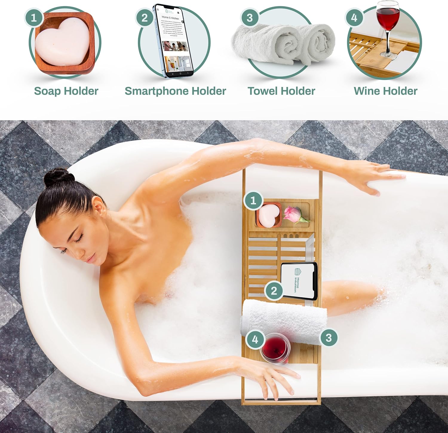 Home Intuition Expandable Bamboo Bath-Tub Table Tray Caddy 27.75 - 41.5 Inches