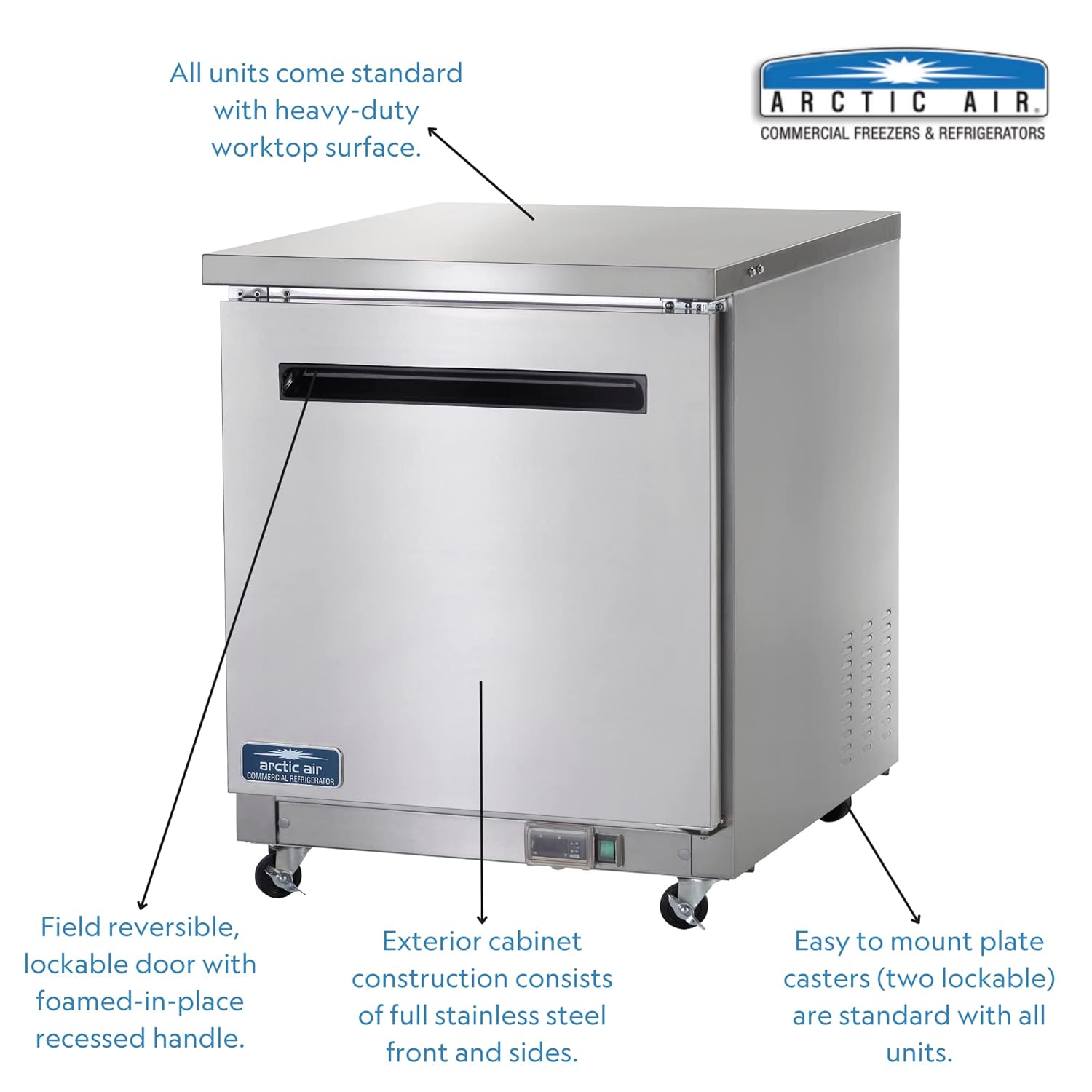 Arctic Air AUC27F 27" Single Door Work Top Undercounter Freezer, 6.5 Cubic Feet, Stainless Steel, 115v