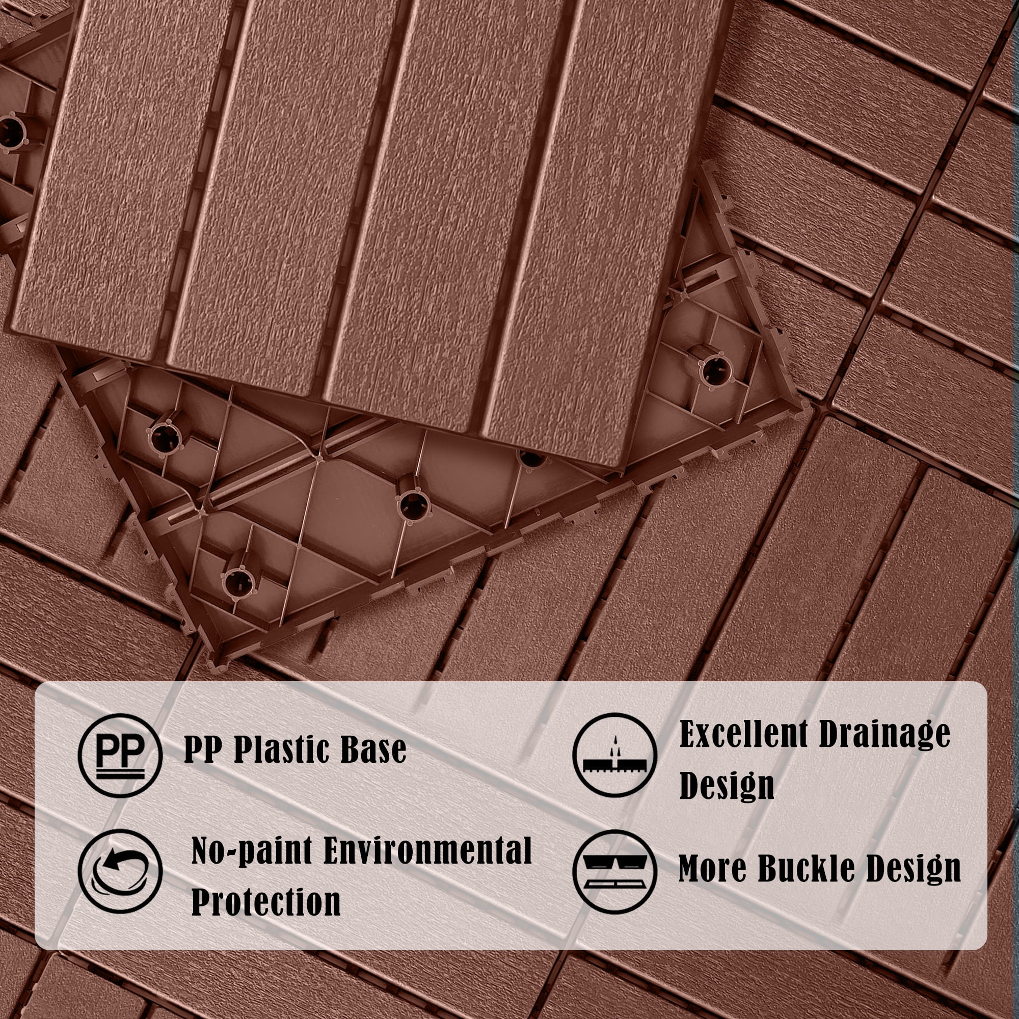 iRerts Patio Interlocking Deck Tiles, 44 Pack Plastic Patio Tiles, 12"x12" Square Waterproof Outdoor Flooring for All Weather Use, Garden Flooring Patio Tiles for Porch Balcony Backyard, Dark Brown