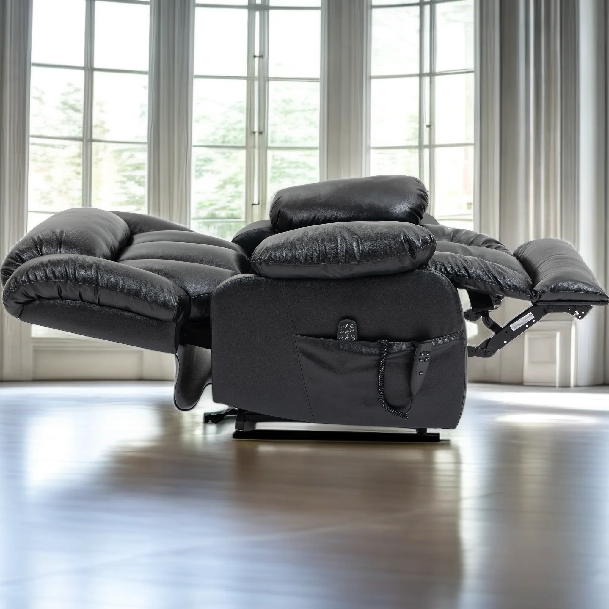 Oversized Dual Motor Lay Flat Power Lift Recliner Chairs for Elderly Adults,Black Leather Electric Recliners Chair with 8-Point Vibration Massage Lumbar Heating,2 Side Pocket,23" Seat Width