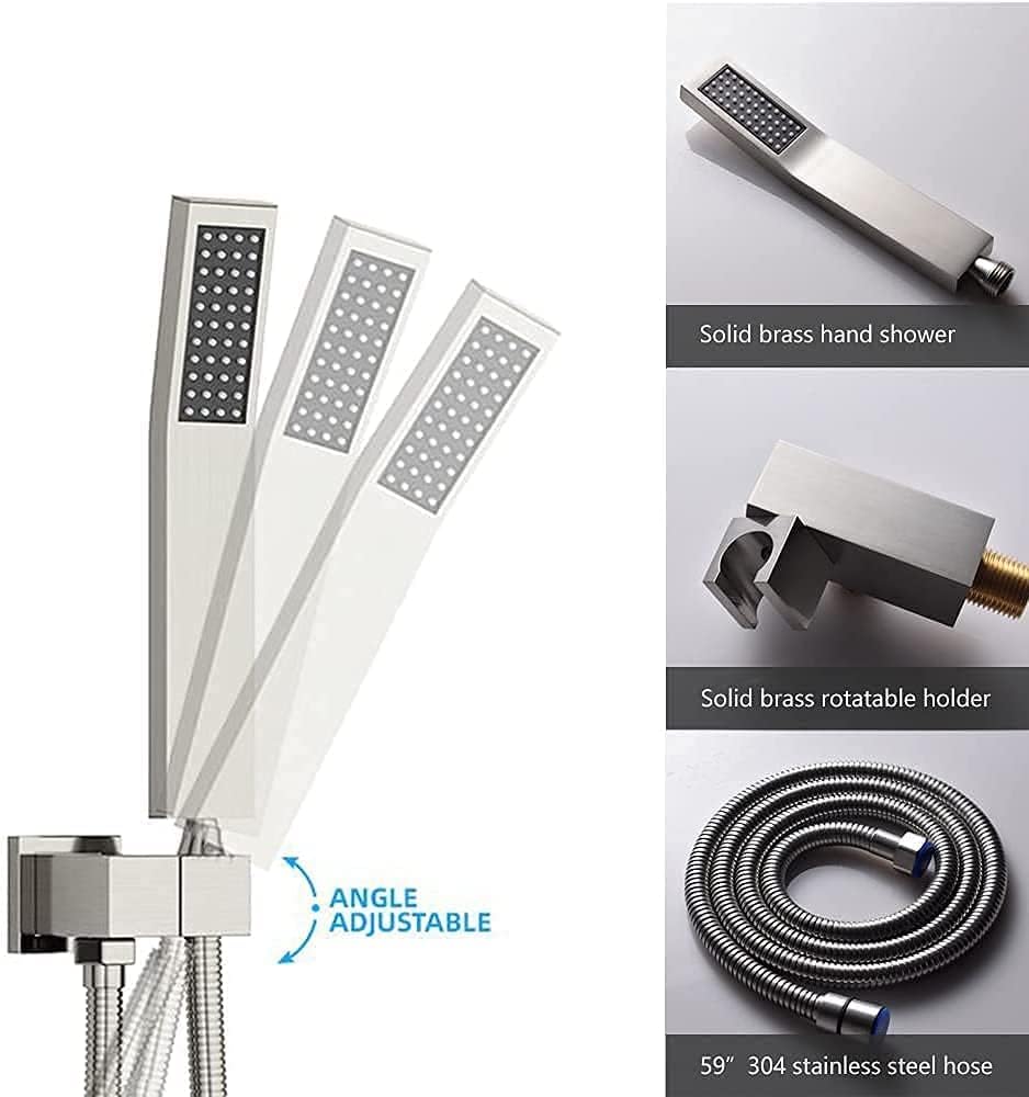 WHSHOWER Ceiling Mounted Thermostatic Rain Mixer Shower System Set 16 Inch Square Rainfall Shower Head With 4 Body Spray Jets And Brass Handshower Can Use All Options At A Time Brushed Nickel