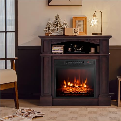 SIMOE 32 Inch Electric Fireplace, 1400W Freestanding Fireplace Heater w/Remote Control & Adjustable 3D Flame Effect, Indoor Fireplace Mantel for Living Room, Bedroom