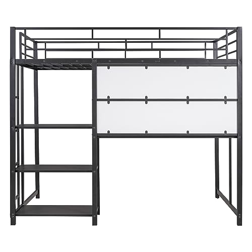 Merax Full Size Mental Loft Bed Frame with Desk and Whiteboard,3 Shelves and Ladder for Bedroom for Boys Girls Adult,Black