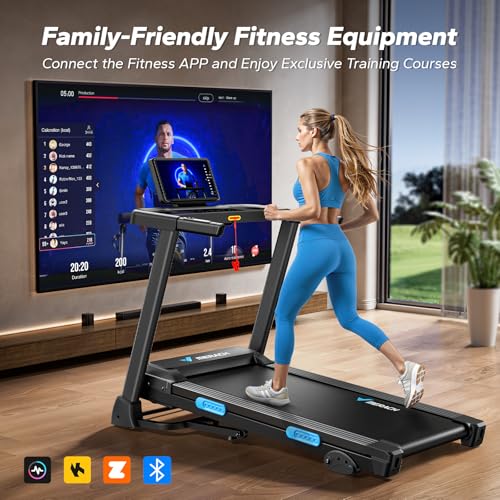 MERACH Foldable Treadmill with Incline, 7.5MPH Quiet Treadmills for Home with Double Deck Technology, 4 Silicone Shock Cushion, Heart Rate Monitoring,16.5" Wider Belt, APP