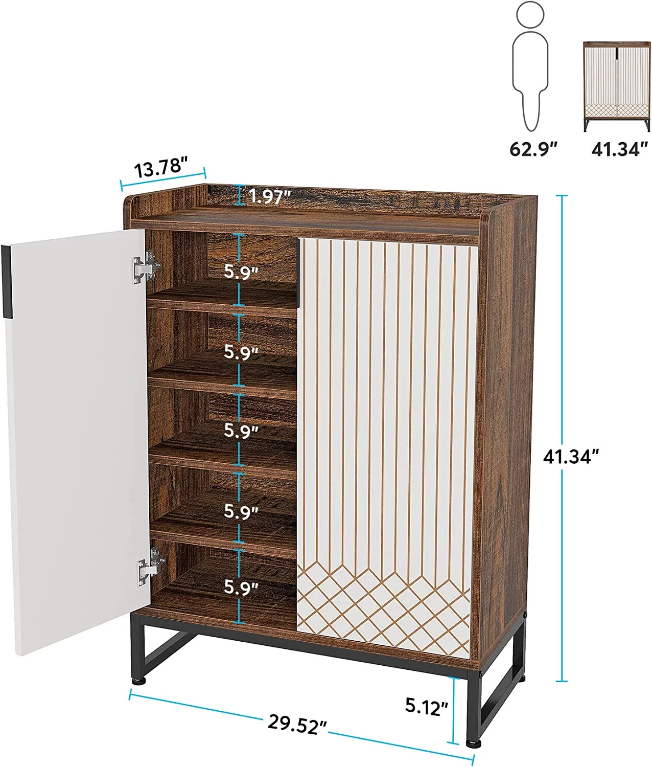 Tribesigns 25 Pairs Shoe Cabinet with Doors,Modern Shoe Cabinet for Entryway, Wood 5-Tier Shoe Organizer, Freestanding Brown Shoe Storage Cabinets with Black Metal Frame for Bedroom Living Room
