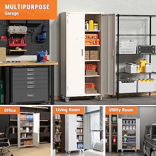 Aobabo Garage Storage Cabinet with Wheels,72" H Metal Storage Cabinet with 2 Doors and 4 Adjustable Shelves for Garage Home, Black,Required-Assembly
