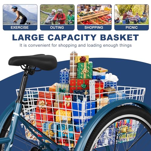 Adult Mountain Bike, 7 Speed Three Wheel Bike Mountain Tricycle Cruiser Trike, 24/26/27.5 Inch Adults Trikes with Shopping Basket, Exercise Men's Women's Tricycles