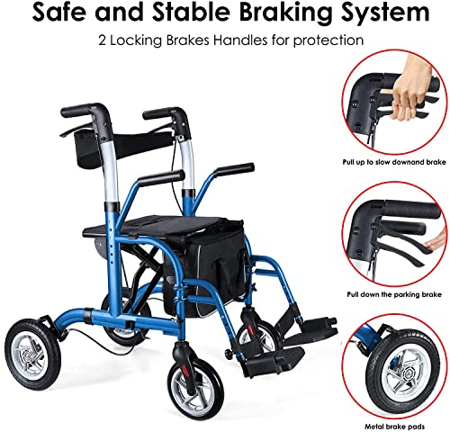 2 in 1 Rollator Walker for Seniors-Medical Walker with Seat,Folding Transport Wheelchair Rollator with 10" Big PU Rear Wheels,Reversible Soft Backrest and Detachable Footrests Blue