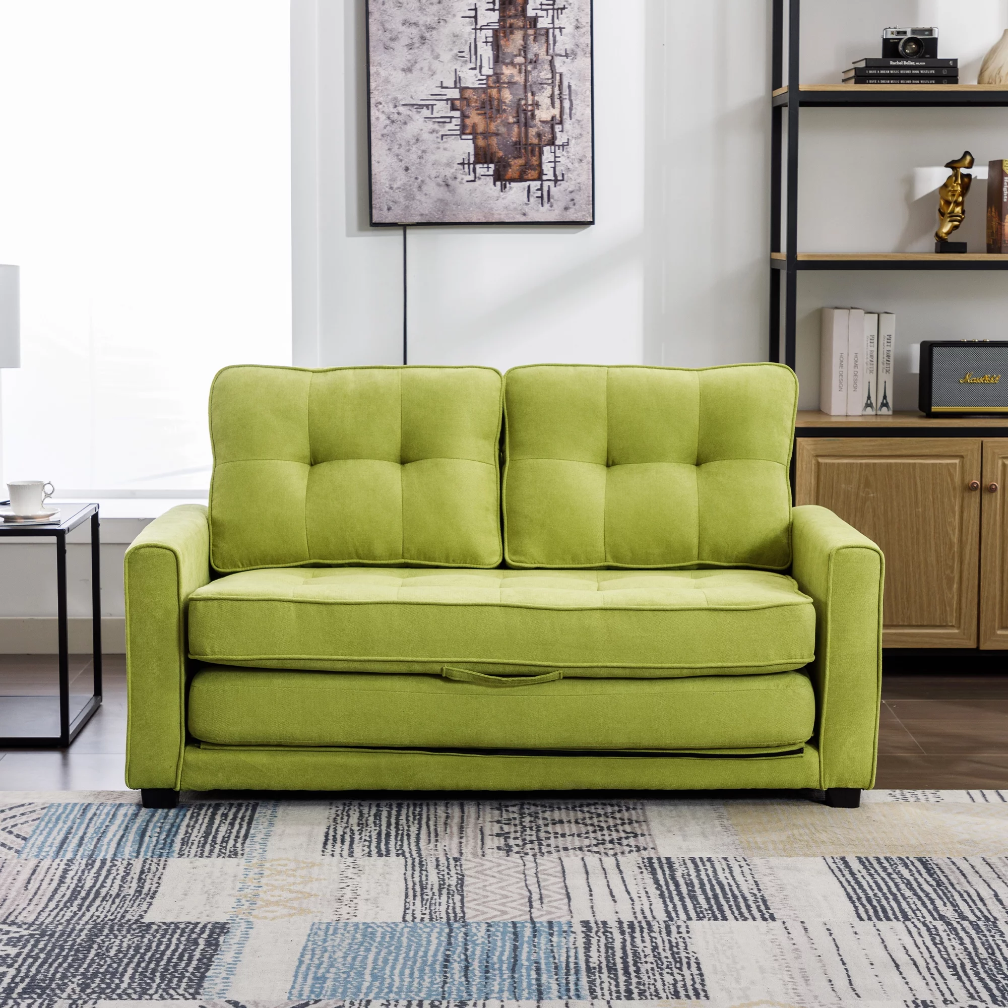 Churanty Convertible Sofa Bed Pull Out Sleeper Loveseat Sofa Chenille Upholstered Couch with Side Pockets for Small Space,Green - Curated Treasures Market