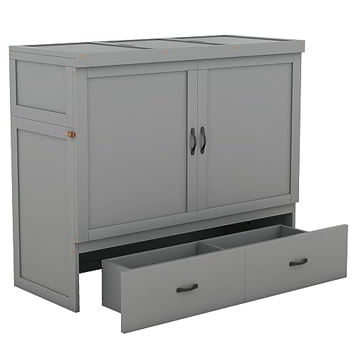 Full Size Murphy Bed, Cube Cabinet Space-Saving Murphy Bed with Shelf and Built-in Charging Station for Multipurpose Guest Room or Home Office,Gray