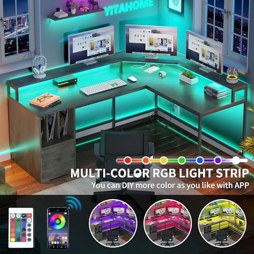 YITAHOME L Shaped Desk with File Drawer & 3 Cubbies Storage Shelves, 67" Corner Computer Desk with LED Lights & Power Outlets, L-Shaped Office Desk with Monitor Stand, Grey