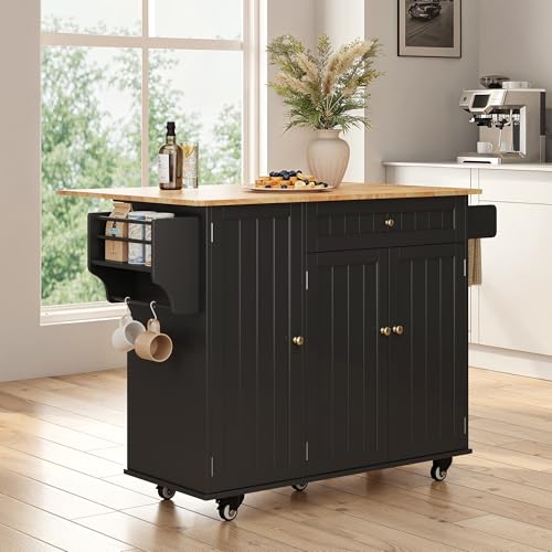 Ahomly Kitchen Island with Storage, Island Table for Kitchen with Drop Leaf, 5 Wheels, Interal Storage Rack, a Drawer, Spicy Rack and Towel Bar, Sufficient Countertop Space and Storage, White