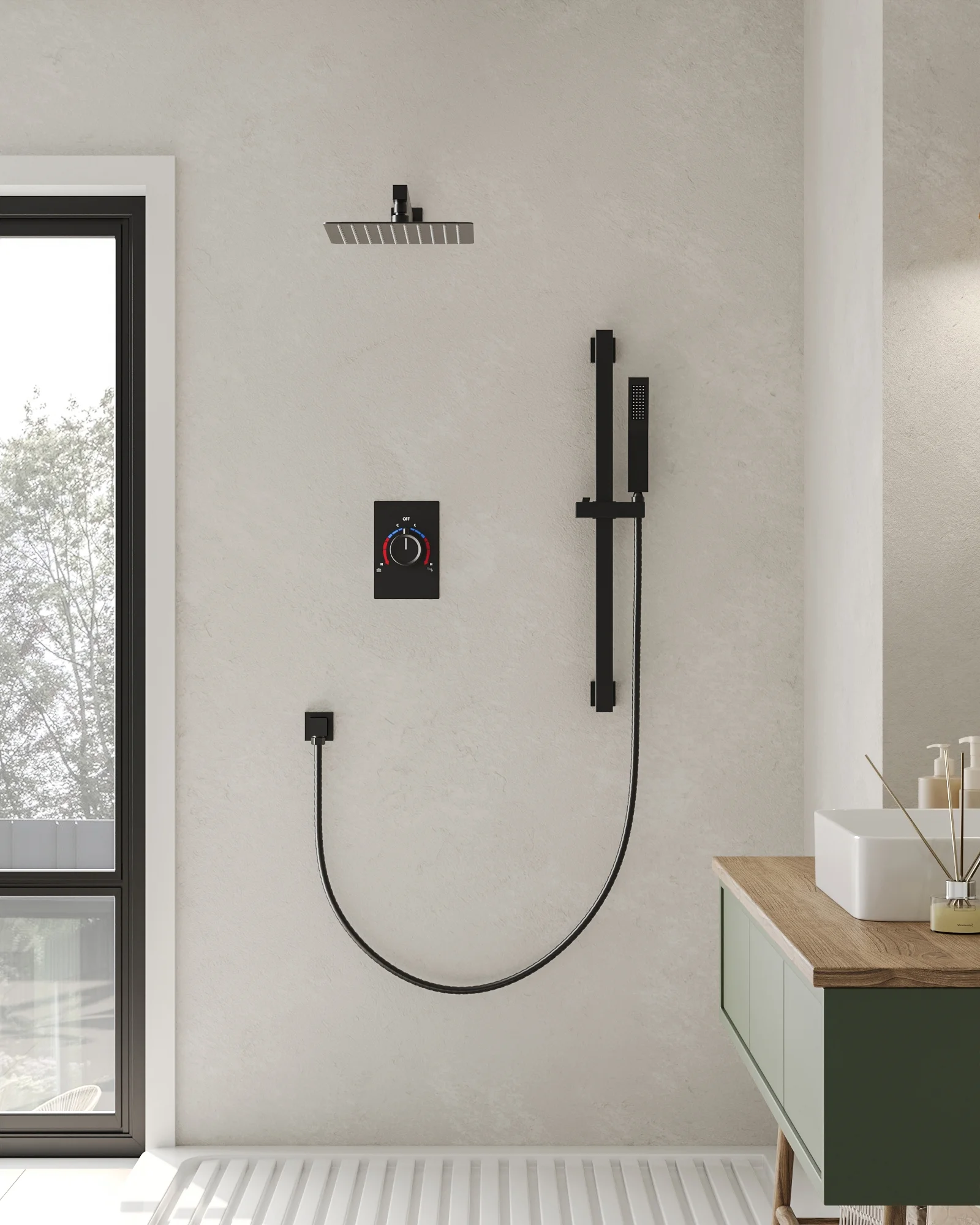 EVERSTEIN Bathroom Shower Faucet Set with Handheld, & Adjustable Slide Bar Wall Mount 10 in. Shower Head Shower System with Balanced Valve Trim Kit CEC 1.8 GPM For CA, Matte Black