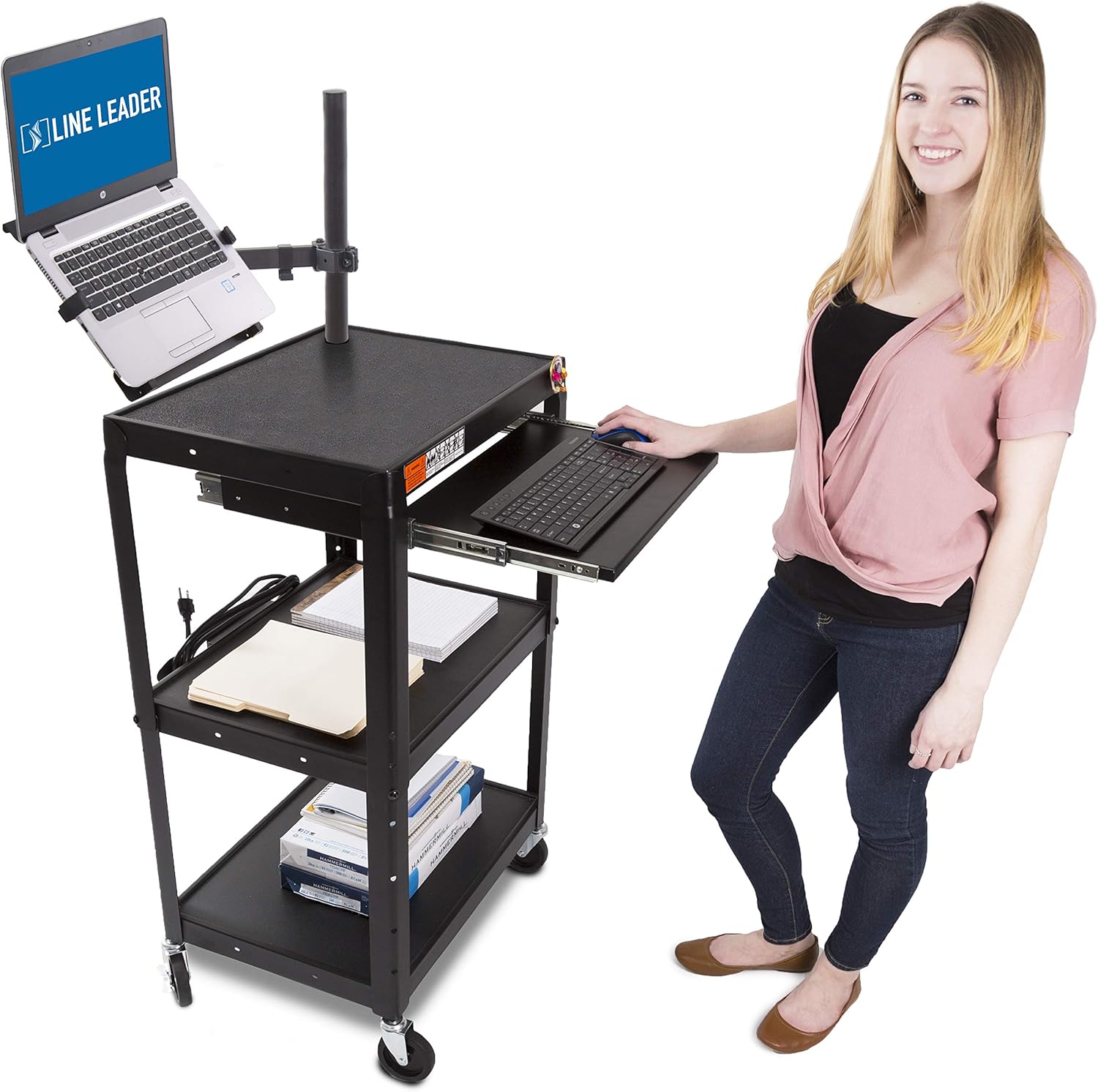 Line Leader AV Cart with Keyboard Tray and Monitor Mount - Mobile Workstation/Presentation Cart with Monitor Arm - Take Your Office On-The-Go with Our Stand Up Computer Cart (Black / 24 x 18)