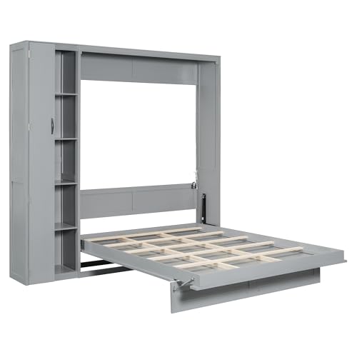Harper & Bright Designs Queen Size Murphy Bed Wall Bed with Storage Shelves, Wardrobe and LED Lights, Space-Saving for Multipurpose Guest Room or Home Office, Gray