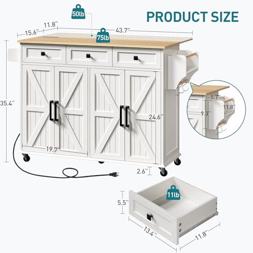 Kitchen Island with Drop Leaf, Kitchen Cart with Charging Station, Kitchen Table with Storage, Rolling Island Table with 3 Drawers, Towel Rack and Spice Rack, White and Walnut