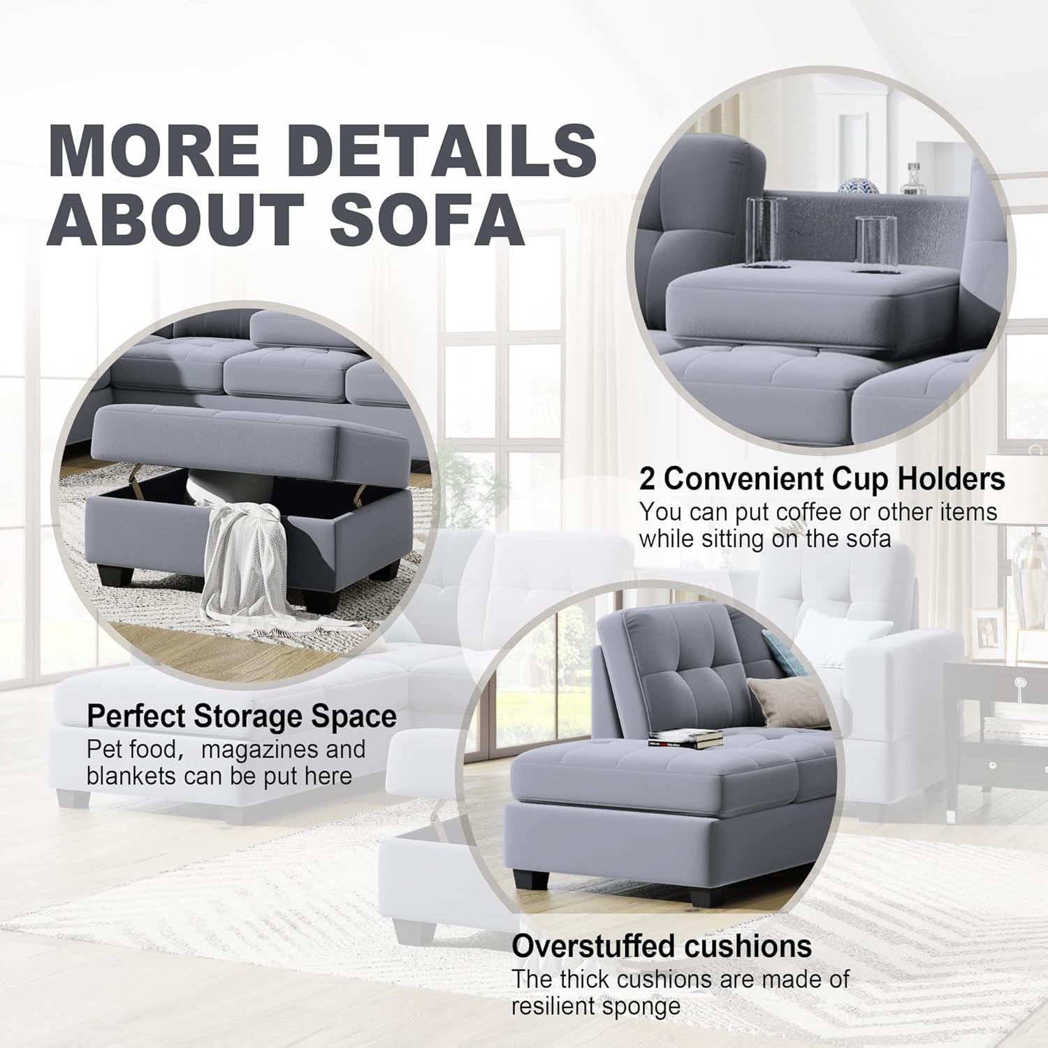 Linen Upholstered Sofa Set with Reversible Sectional Chaise, L Shaped Couch Foldable with 2 Cup Holders, Ottoman with Storage, for Living Room, Guest Room, Home Theater, Office, Light Gray