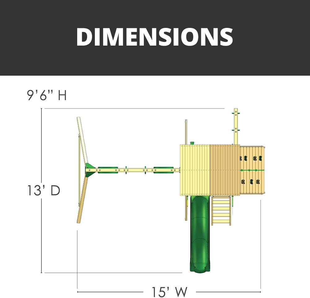 Gorilla Playsets 01-1080 Avalon Treehouse Wooden Swing Set with Oversized Green Vinyl Canopy Roof, Trapeze Arm, Climbing Wall, Ladder, Swings and Slide