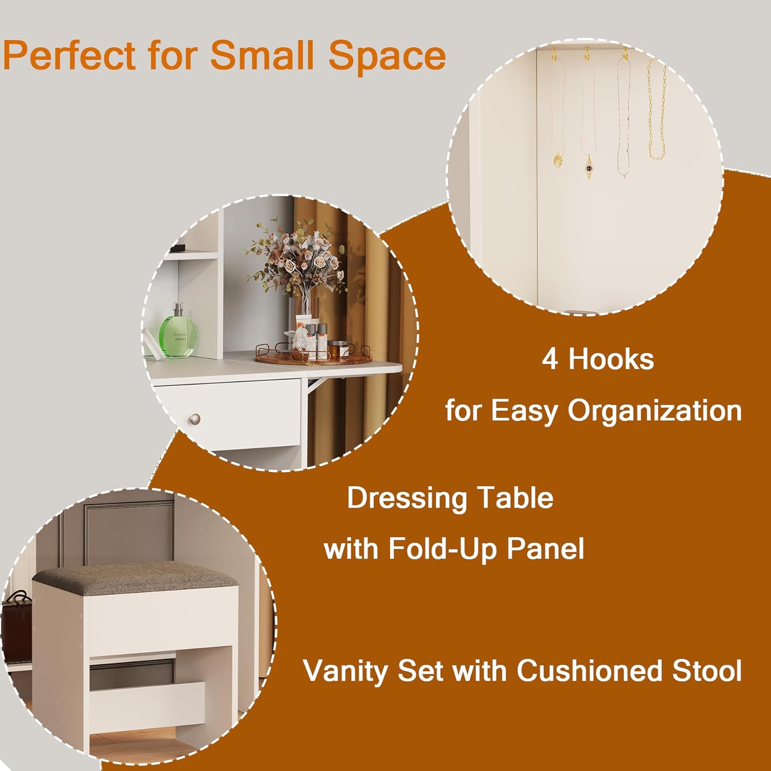 Vanity Set with Mirror and Stool and Lights, Small Makeup Vanity Desk with Fold-Up Panel, Adjustable 3 LED Lighting Colors, White Dressing Table with Open Shelves for Bedroom