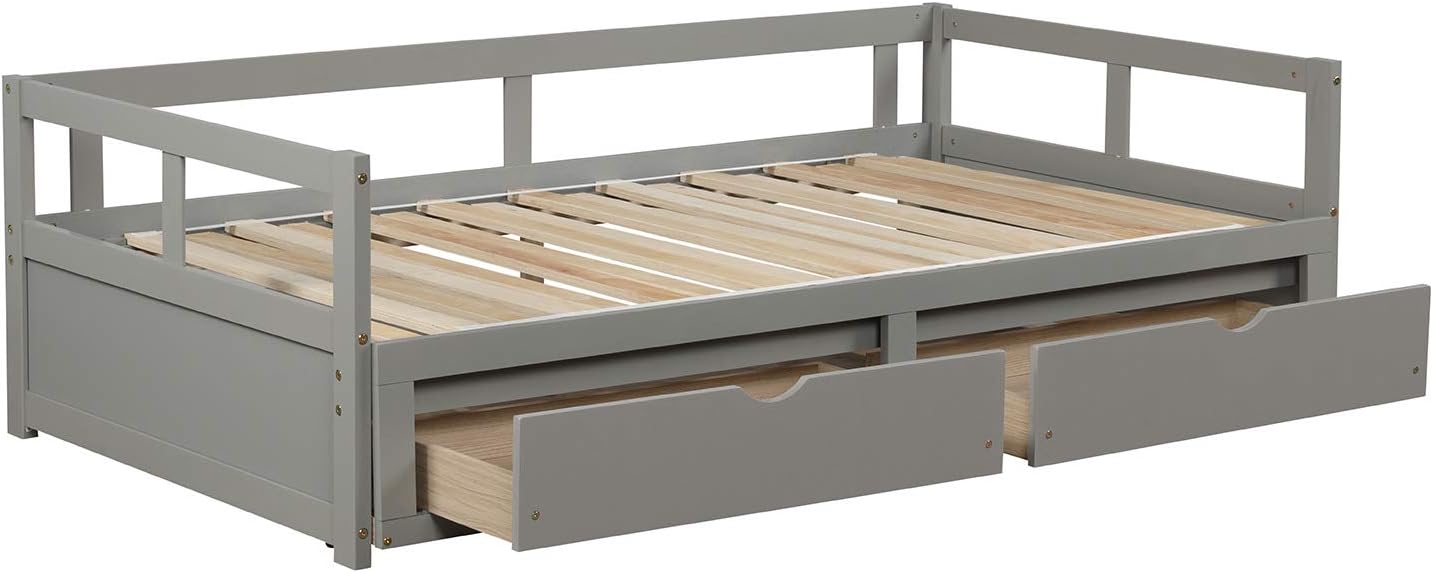 Wooden Daybed with Trundle Bed and Two Storage Drawers, Extending Bed Daybed for Kids Teens Adults, Wooden Daybed with Storage Drawers Twin to King Design, No Box Spring Required, Grey
