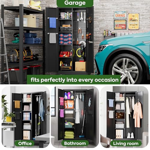 73" H Metal Storage Cabinet with Wheels, Garage Storage Cabinet with 4 Adjustable Shelves and Lockable Doors for Garage Home Office Utility Room,Required Assembly,Black