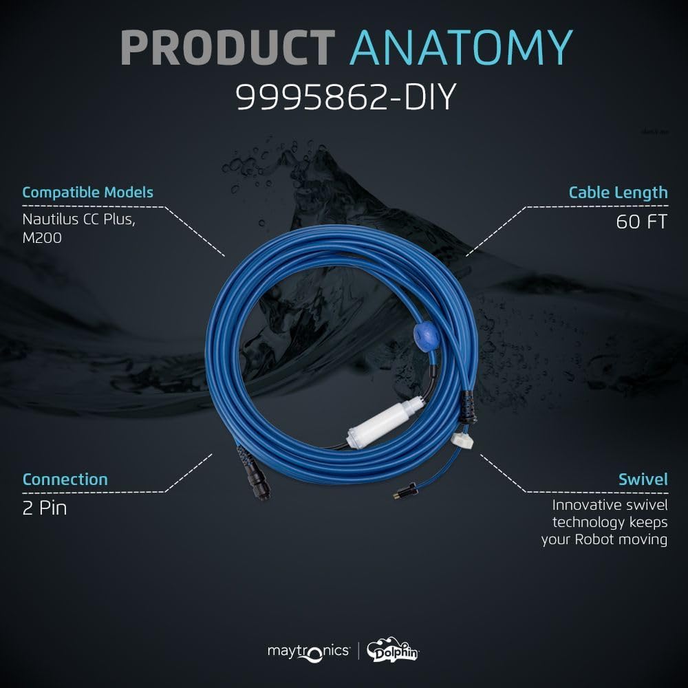 Dolphin Genuine Replacement Part — Durable 60 FT Blue Cable with Swivel for Tangle-Free Operation — Part Number 9995862-DIY