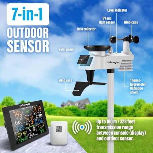 Sainlogic Home10-in-1 WiFi Smart Weather Station with Outdoor 7-in-1 Sensor, Internet Wireless Weather Station Remote Monitoring System, 8.3 Inch Color Display with Rain Gauge, Temperature