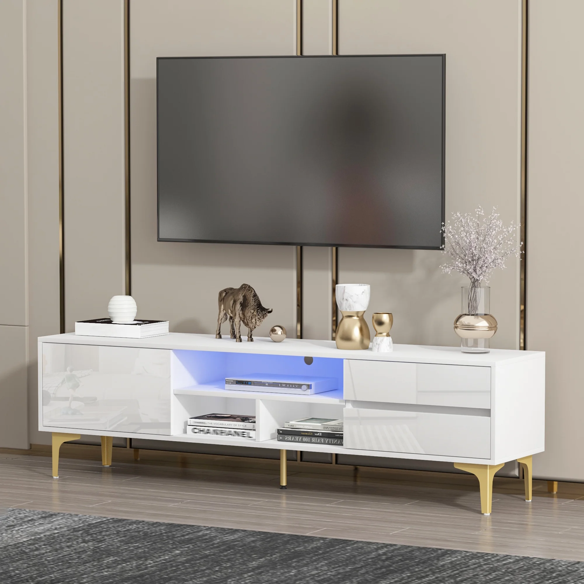 TV Stand,TV Cabinet,Entertainment Center,TV Console,Media Console,With LED Remote Control Lights,Uv Bloom Drawer Panel,Gold Metal Table Legs, Can Be Placed in The Living Room, Bedroom, White