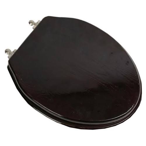 Plumbing Technologies 5F1E2-18BN Designer Solid Elongated Oak Wood Toilet Seat with Brushed Nickel Hinges, Dark Brown Oak, Size: