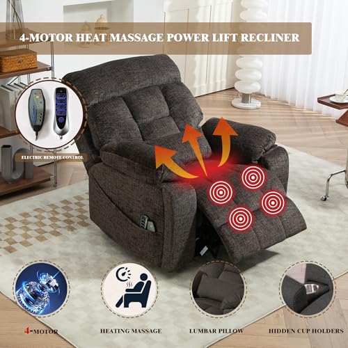 Light Grey Recliner Chair for Elderly | Tall and Big Man 400lbs | Chenille | Power Lift, Lay Flat, Stand Up, Wireless Charging Device, Extended Footrest, Massage Heat, Cup Holder, Lumbar Pillow