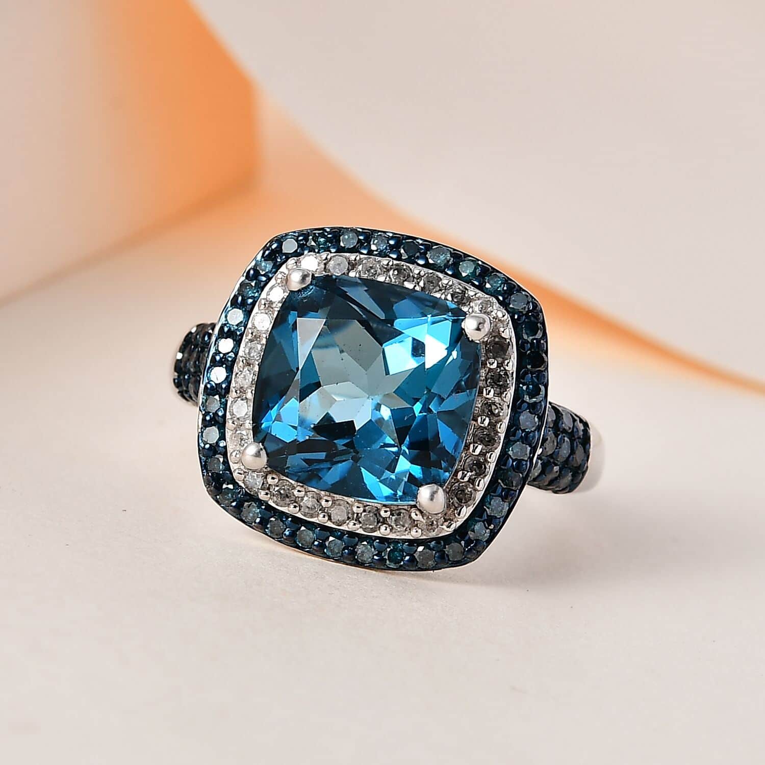 Shop LC Blue Topaz Blue Diamond Cushion 925 Sterling Silver Platinum Plated Cocktail Ring for Women Jewelry Size 9 Ct 4.92 Birthday Gifts for Women