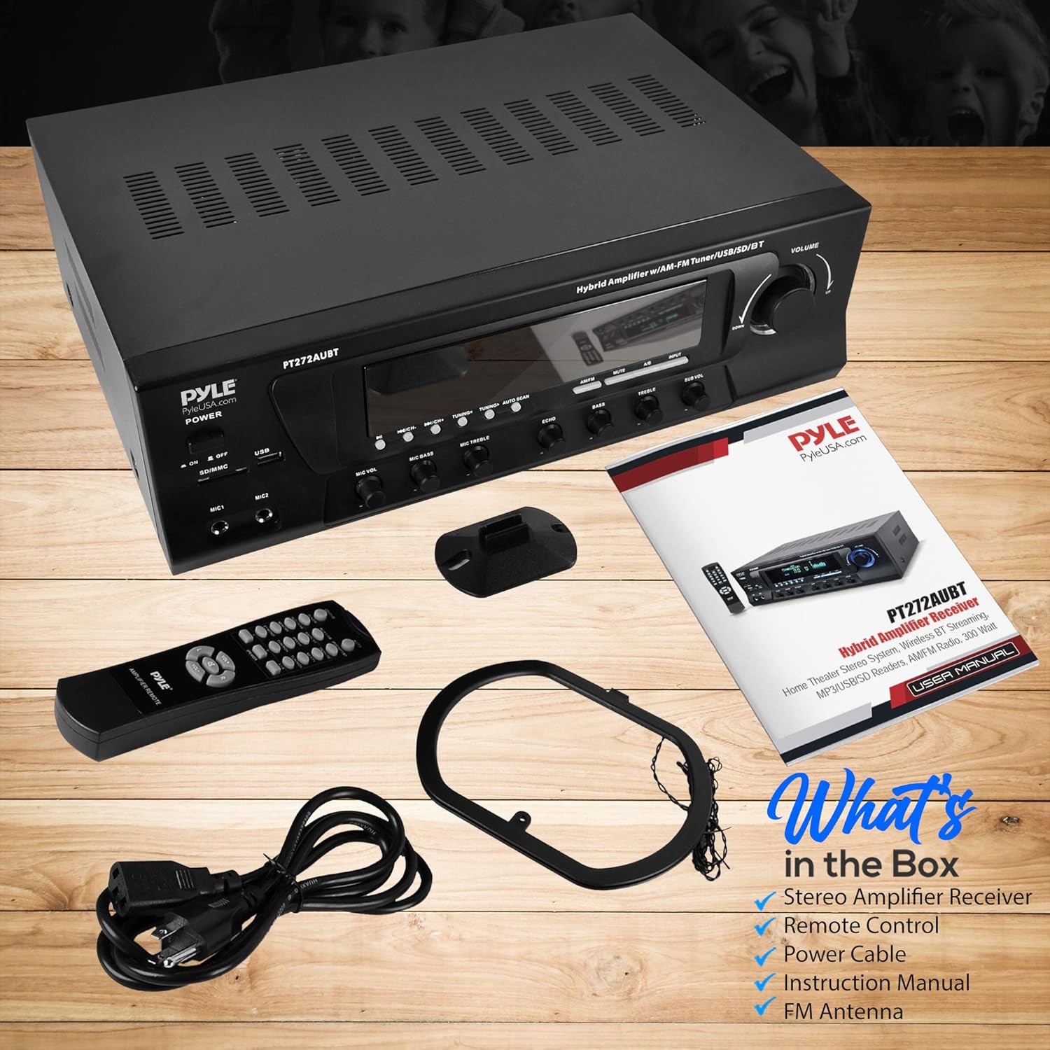 Wireless Bluetooth Audio Power Amplifier - 300W 4 Channel Home Theater Stereo Receiver with USB, AM FM, 2 Mic IN with Echo, RCA, LED, Speaker Selector - For Studio, Home Use - Pyle PT272AUBT