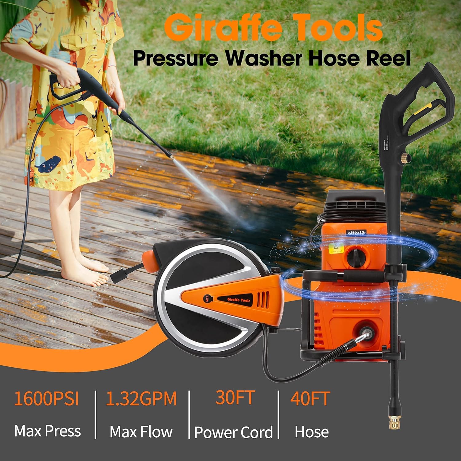 Giraffe 1600PSI Electric Pressure Washer, 1.32GPM Power Washer with 40FT Retractable Pressure Hose with Reel, Leak-Proof Wall Mounted Washing Machine for Home/Patios/Garden/Cars/Driveways
