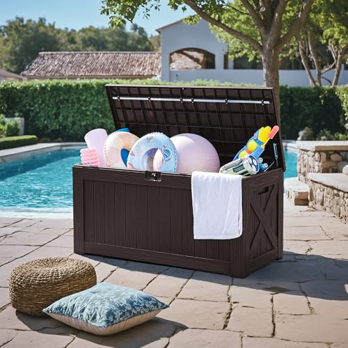 Greesum 120 Gallon Resin Deck Box Large Outdoor Storage for Patio Pillow, Garden Tools, Pool Supplies, Weatherproof, Lockable, Brown
