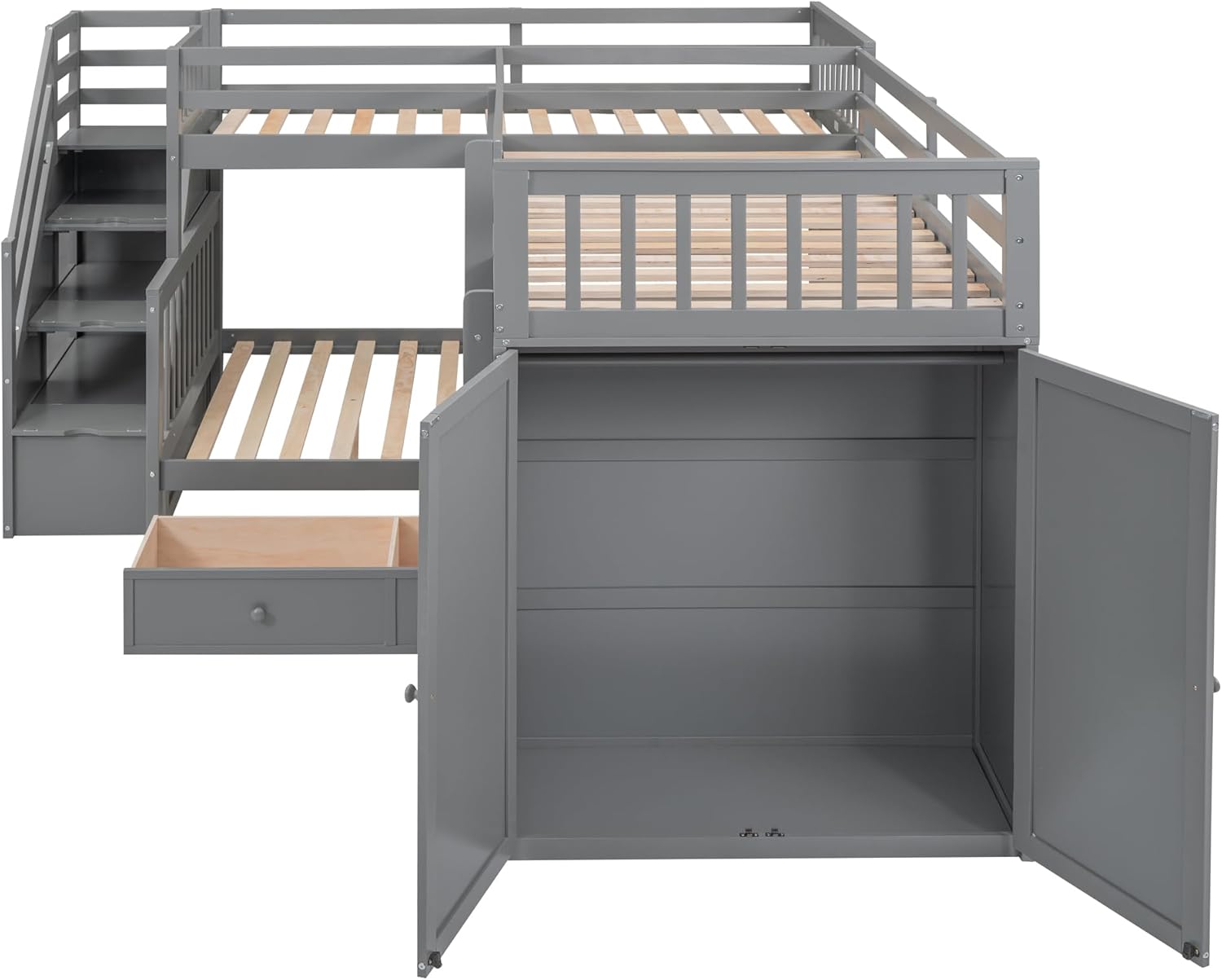 Triple Bunk Bed, Twin Over Twin Over Full Wooden Stairway Bunkbed with Portable Desk, Storage Drawers&Stairs and Wardrobe, Space-Saving Design for Bedroom, Apartment, Dorm, Gray