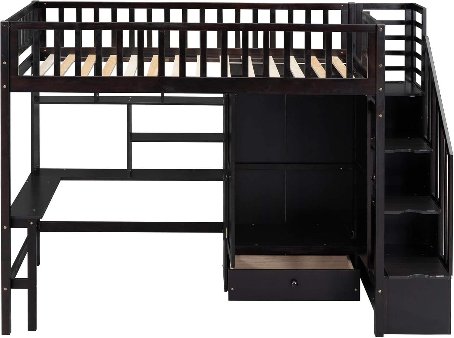 Harper & Bright Designs Twin Size Loft Bed with Stairs, Desk, Bookshelf, Drawers and Wardrobe, Solid Wood Loft Bed Frame with Storage, for Kids Teens Adults, Espresso, HJH-LT100668AAP
