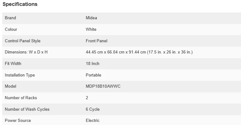 MIDEA 18 IN WHITE PORTABLE DISHWASHER - MDP18B10AWWC