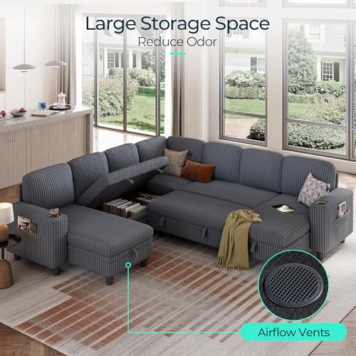 LINSY HOME Sectional Sleeper Sofa with Pull Out Couch Bed Convertible Plush Corduroy Cloud Couch with Storage Chaise & USB Charging, Comfy L Shaped Modular Couches for Living Room Apartment (Grey)