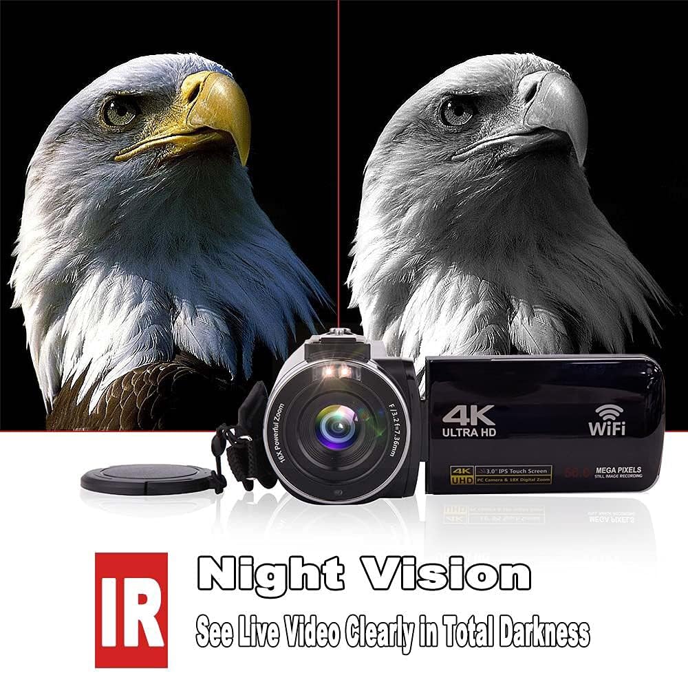 4K Video Camera Camcorder Ultra HD 56MP Wi-Fi YouTube Vlogging Camera 18X Zoom 3.0 Inch Touch Screen Digital Camera Recorder with Microphone IR Night Vision Vlog Cameras