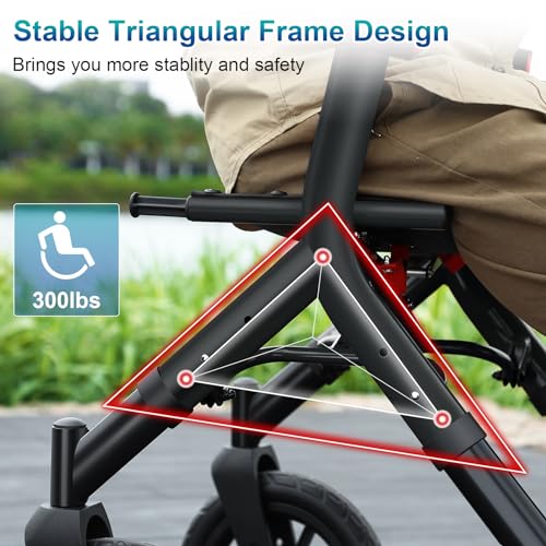 Rollator Walker with Seat, Tall Walkers for Seniors, 12" Big Rubber Wheels All Terrain Rollator Walker with Backrest, Built-in Cable, Foldable and Dual Adjustable Height for 5.3-7ft, Red